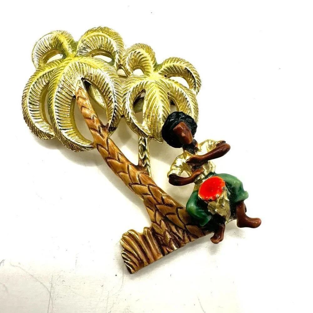 Man sitting under a Palm tree vintage brooch